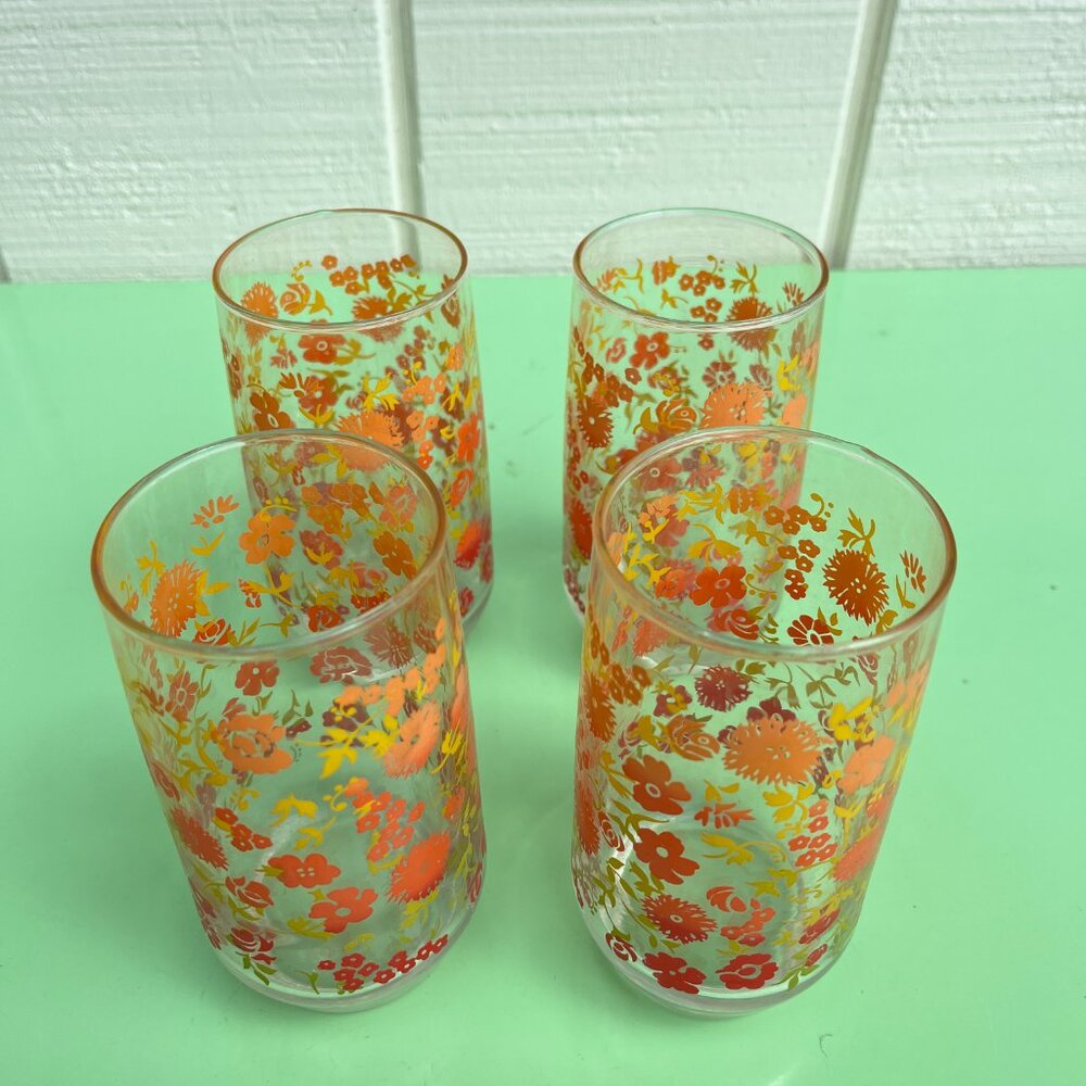 SOLD Vintage Orange & Yellow Floral Gradient Glasses – Set of 4 - Picture 5 of 7